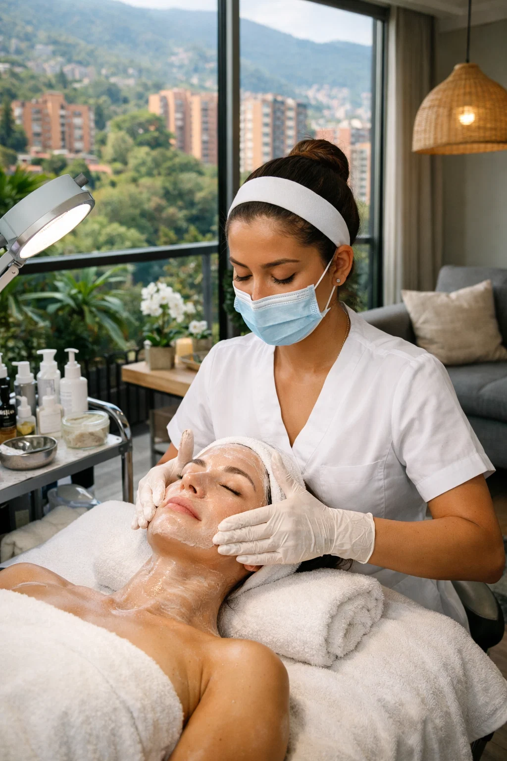 In-home spa treatment in Medellín - professional facial service with city skyline view